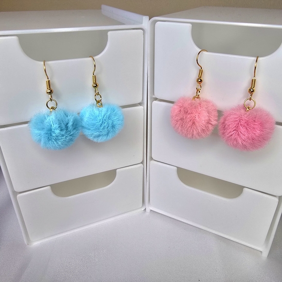 2 Pairs Pink and Blue Pom Pom Earrings - Picture 4 of 9